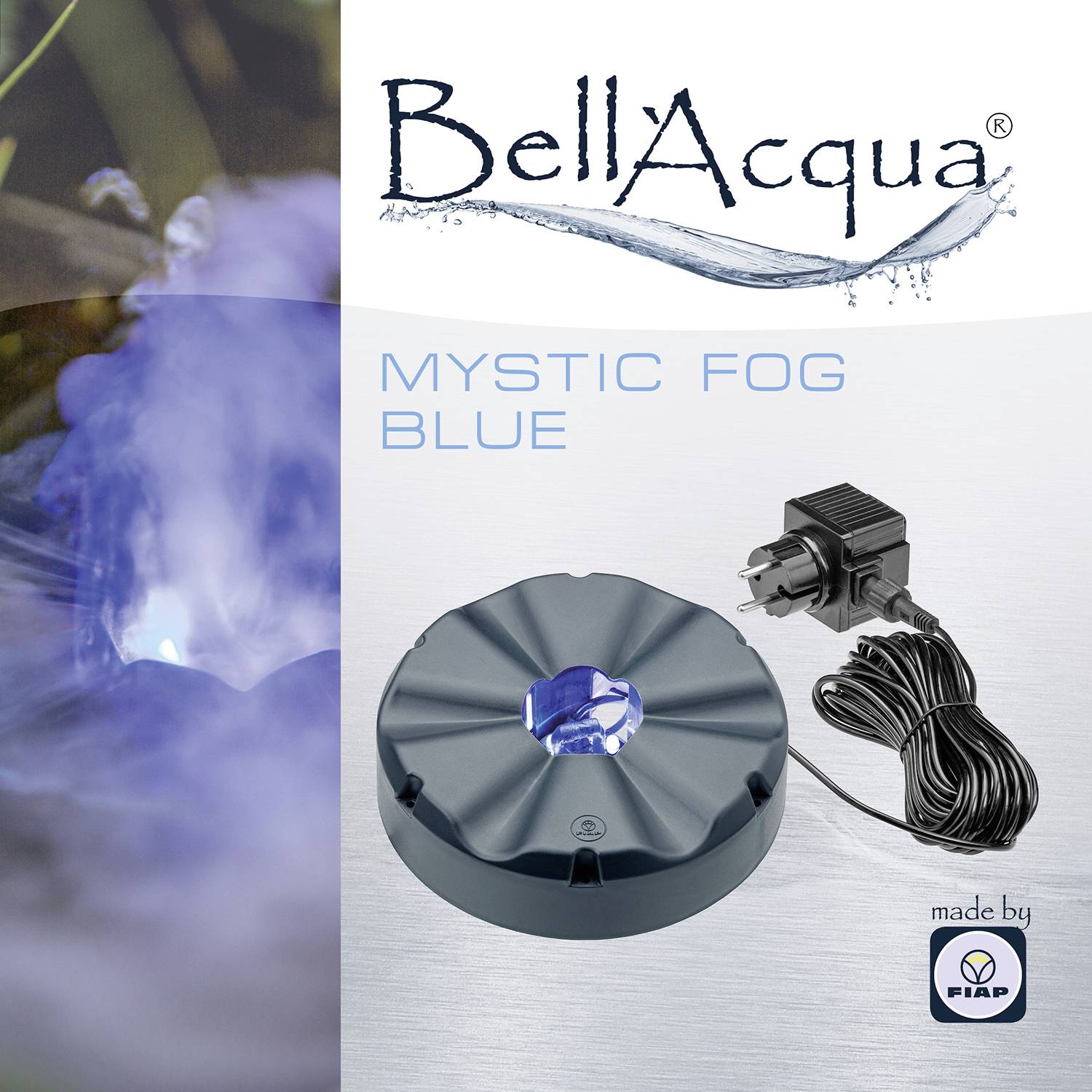 Ein Gerät mit der Bezeichnung 'Mystic Fog Blue' mit einem Stecker, das unter der Markenbezeichnung 'Bell Acqua' vertrieben wird. Das Produkt wird von FIAP hergestellt.