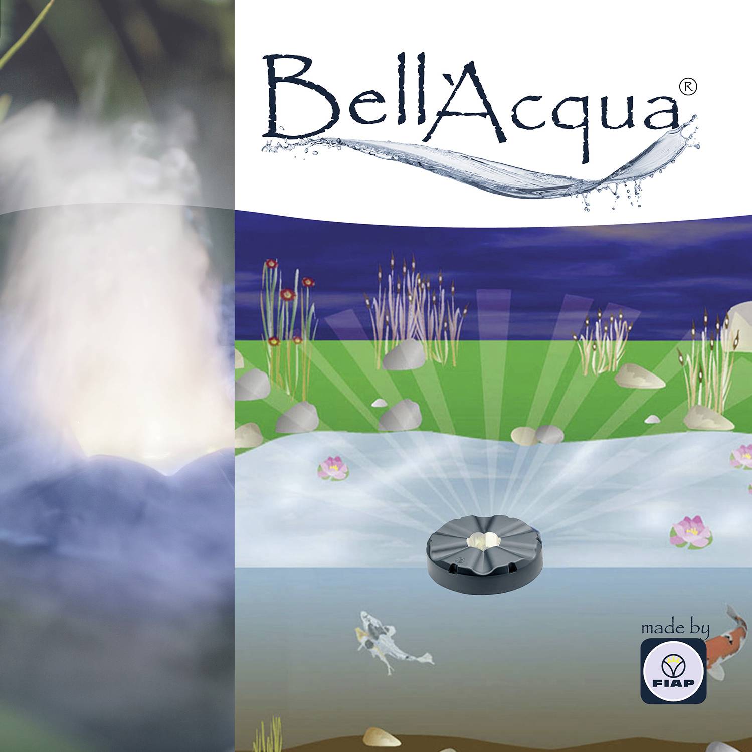 'BellAcqua' Logo mit abstrakter Wasserdarstellung; dekorative Wasserpflanzen; hergestellt von FIAP-Logo.