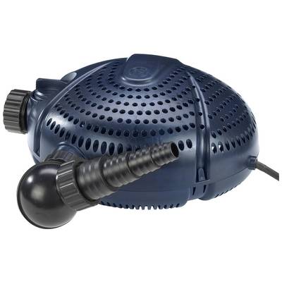Ein dunkelblauer Teichfilter mit Lüftungsschlitzen und einem angeschlossenen Schlauchadapter. Geeignet für die Wasserreinigung.
