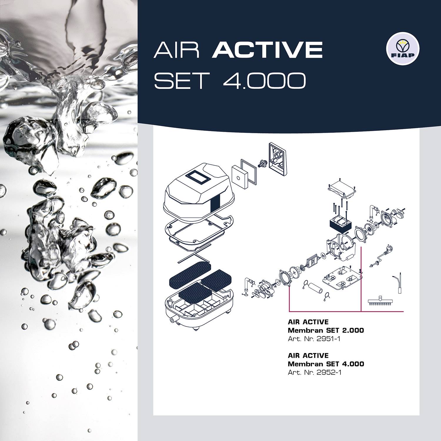 'Produktabbildung von Air Active Set 4.000, zeigt technische Komponenten und Details zu Membran SET 2.000 und 4.000 mit Artikelnummern.'