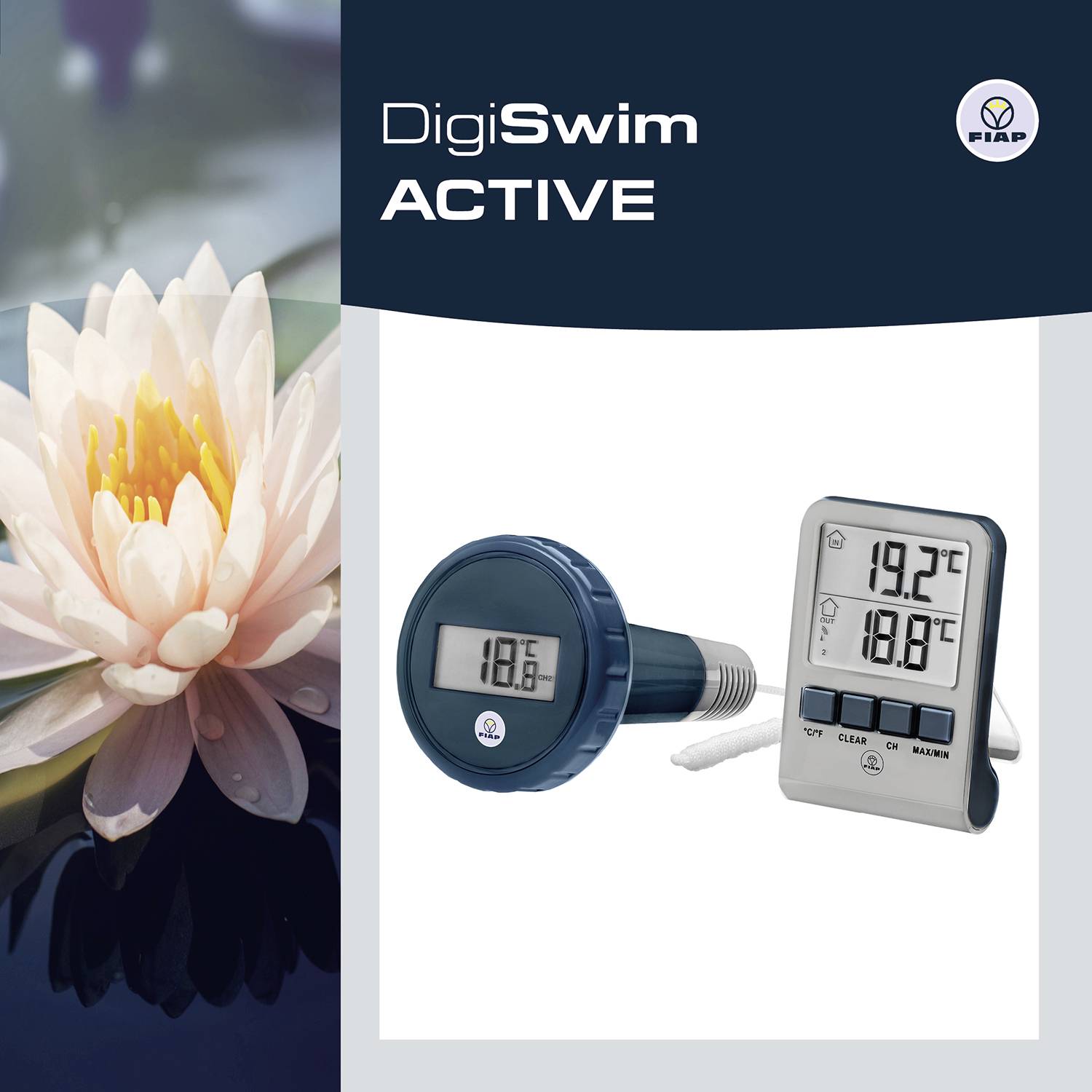 'Die Anzeige zeigt zwei digitale Poolthermometer mit Temperaturen von 19,5 °C und 18,2 °C. Links daneben eine weiße Seerose.'