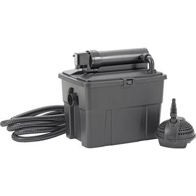 Ein schwarzes Teichfiltrationssystem mit Schläuchen und einer Pumpe, entwickelt zur Wasserfilterung in Gartenteichen, in einer neutralen Umgebung dargestellt.