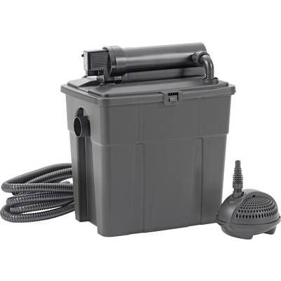 Ein schwarzes Teichfiltersystem mit einer rechteckigen Einheit, gewundenem Schlauch, Pumpe und Ablaufrohr, das für die Wasserfilterung in Teichen entwickelt wurde.