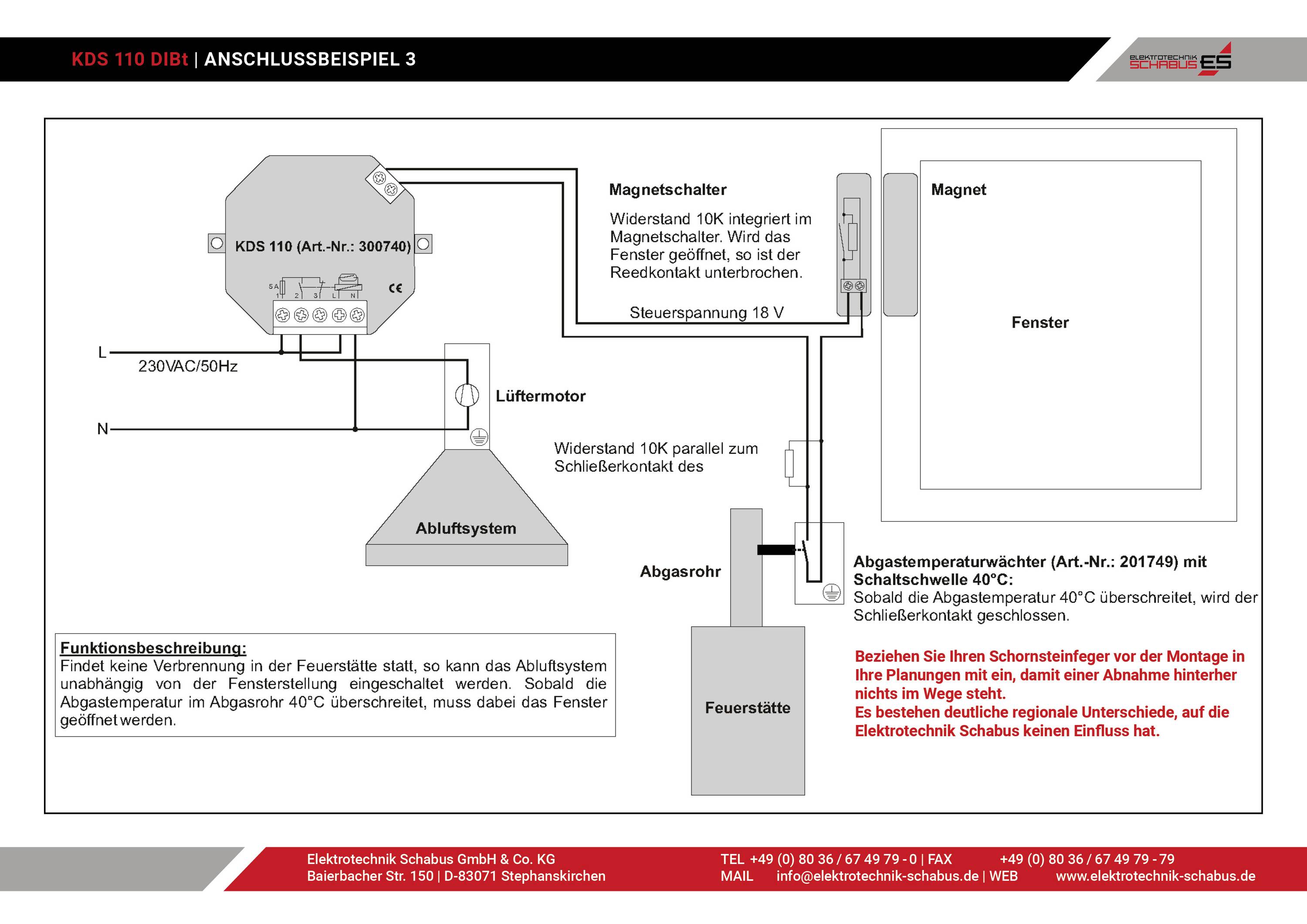 'Anschlussbeispiel für KDS 110 DIBI mit Magnet, Fenster, Lüftmotor und Abgastemperaturwächter. Beschreibung der Funktionsweise im Schaubild.'