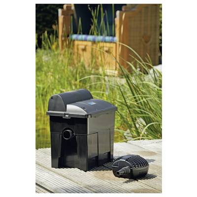 Ein Teichfilter und eine Pumpe stehen auf einer Holzterrasse in der Nähe eines Gartenteiches mit hohem Gras und einer Bank im Hintergrund, die zur Wasserfilterung verwendet werden.