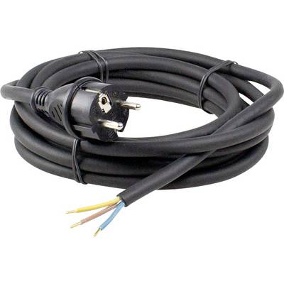 'Europäischer Stecker mit langem schwarzen Kabel, am Ende offene Drähte in blau, gelb-grün und braun, zum Anschluss bereit.'