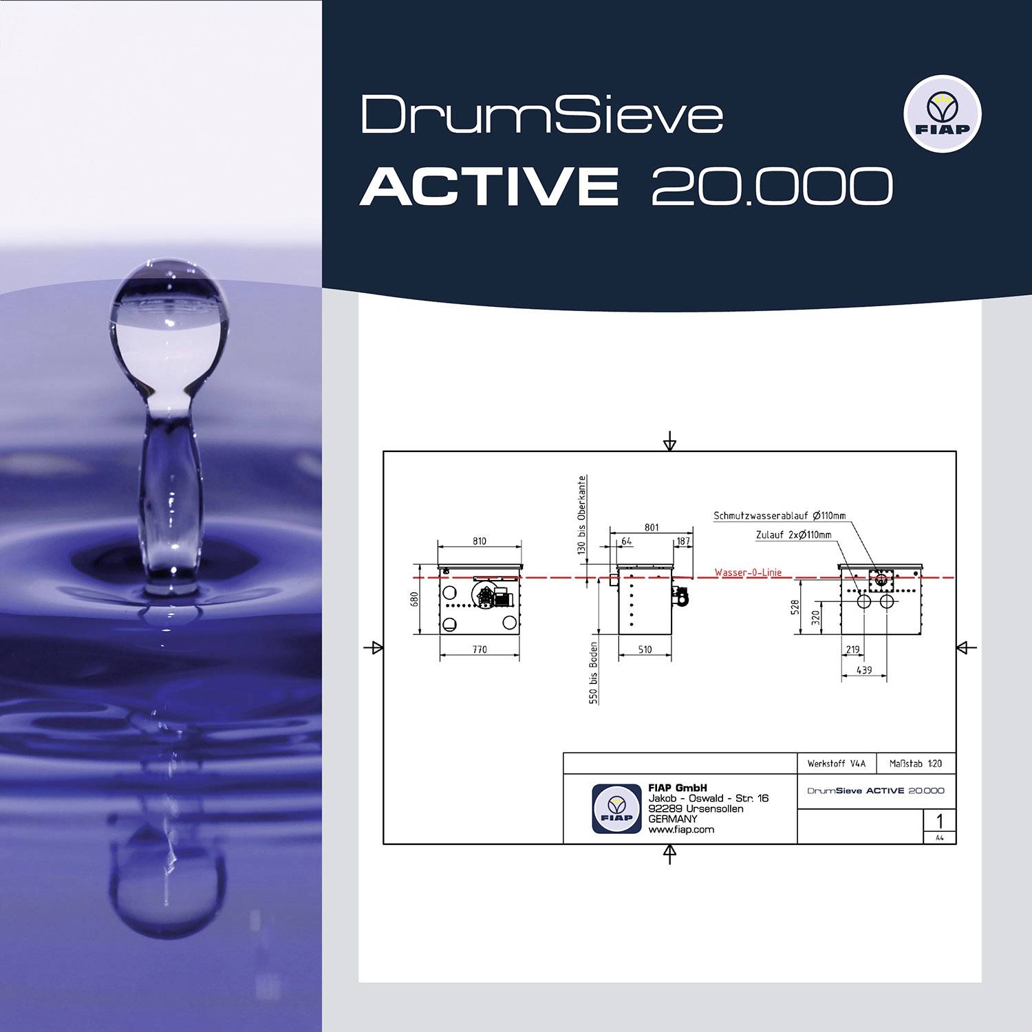 'DrumSieve ACTIVE 20.000': Eine Wasserblase über einer Wasseroberfläche. Rechts daneben ein technischer Plan der Trommelsiebeinheit.