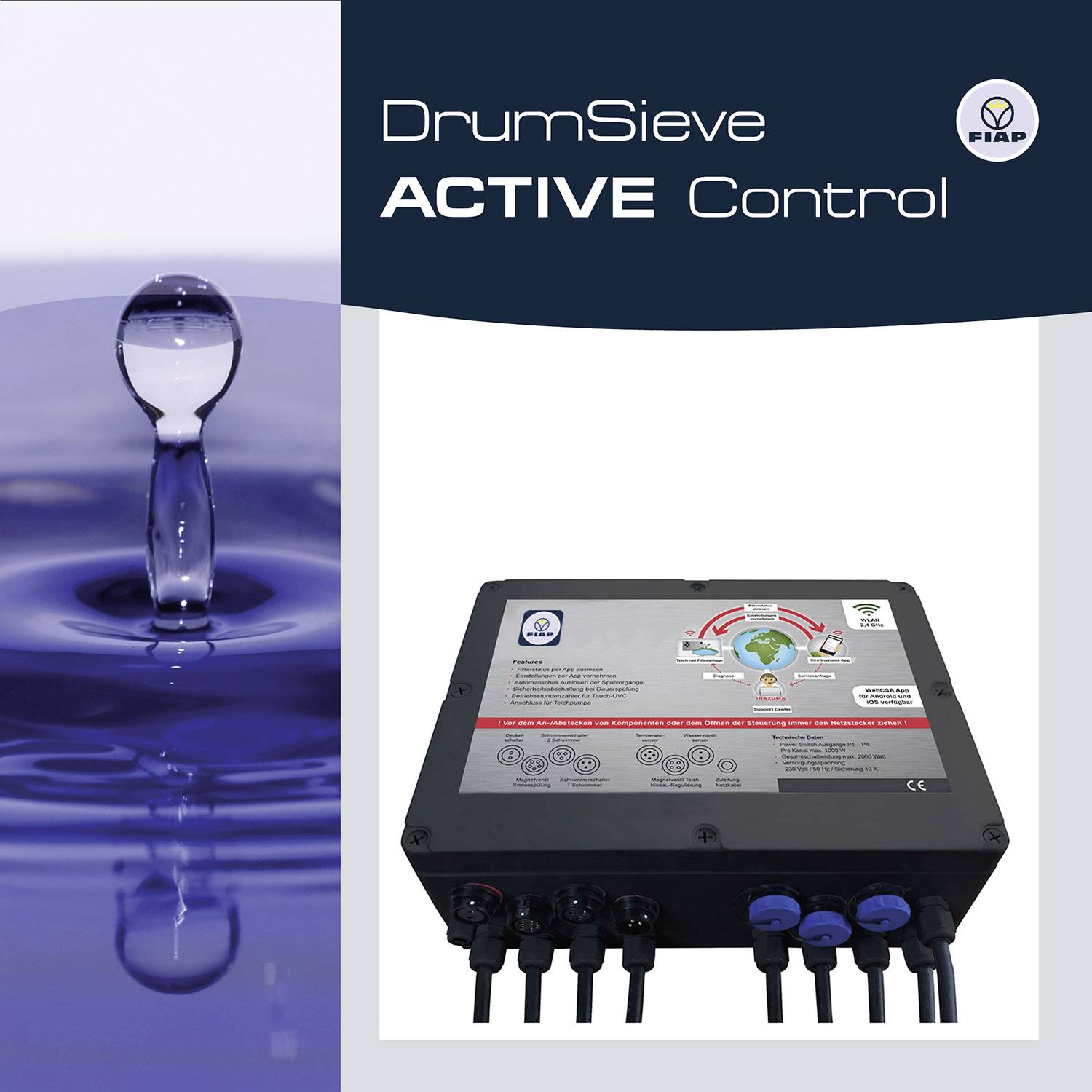 Ein Wassertröpfchen spritzt in die Luft. Rechts unten ein Gerät mit Anschlüssen und Kontrollelementen. Text: 'DrumSieve ACTIVE Control'.