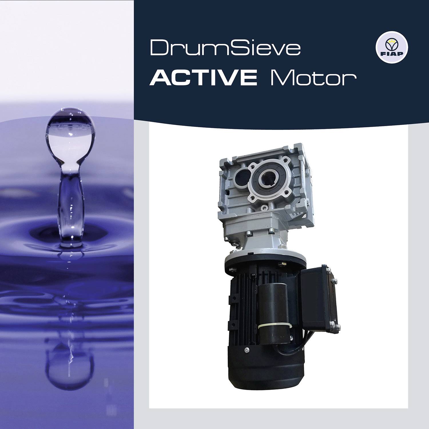 'DrumSieve ACTIVE Motor' ist ein leistungsstarker Motor, abgebildet neben einem Wassertropfen. Logo in der Ecke zeigt den Hersteller.