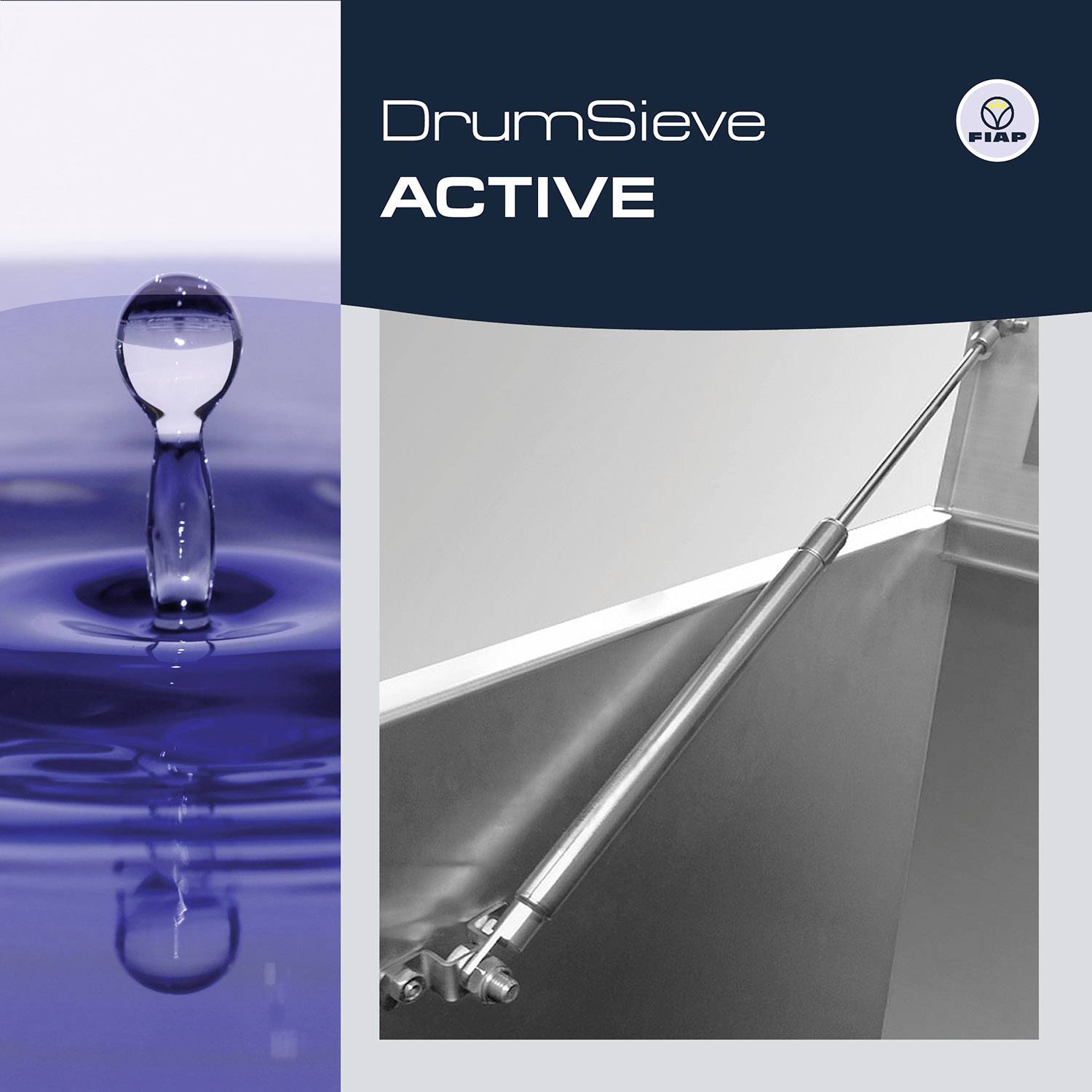 Das Bild zeigt links einen aufsteigenden Wassertropfen und rechts eine technische Anlage mit dem Schriftzug 'DrumSieve ACTIVE' und einem Logo.