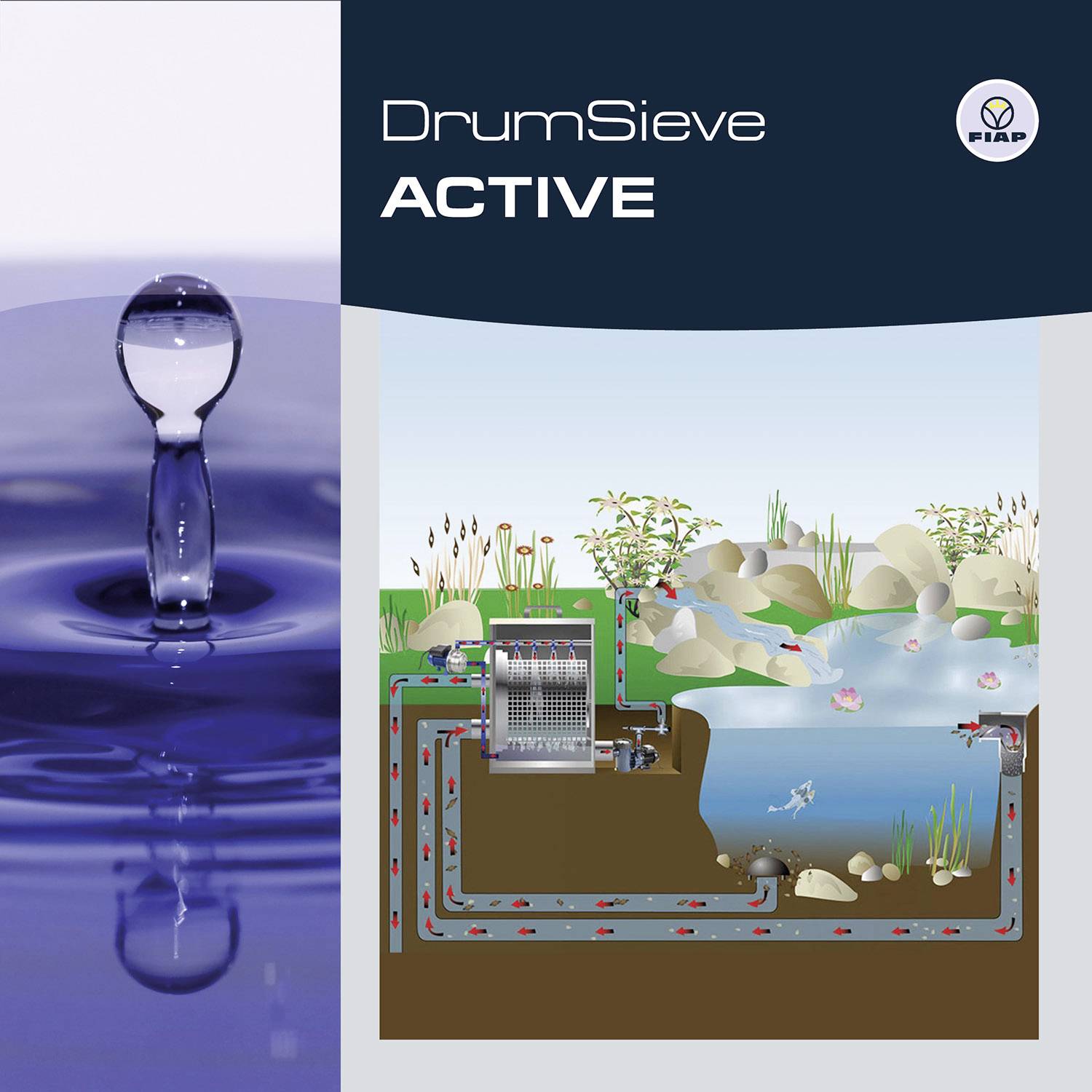 'DrumSieve ACTIVE' Titelbild zeigt Wassertropfen und schematische Darstellung eines Teichfiltersystems mit Pflanzen und Wasserzufuhr.