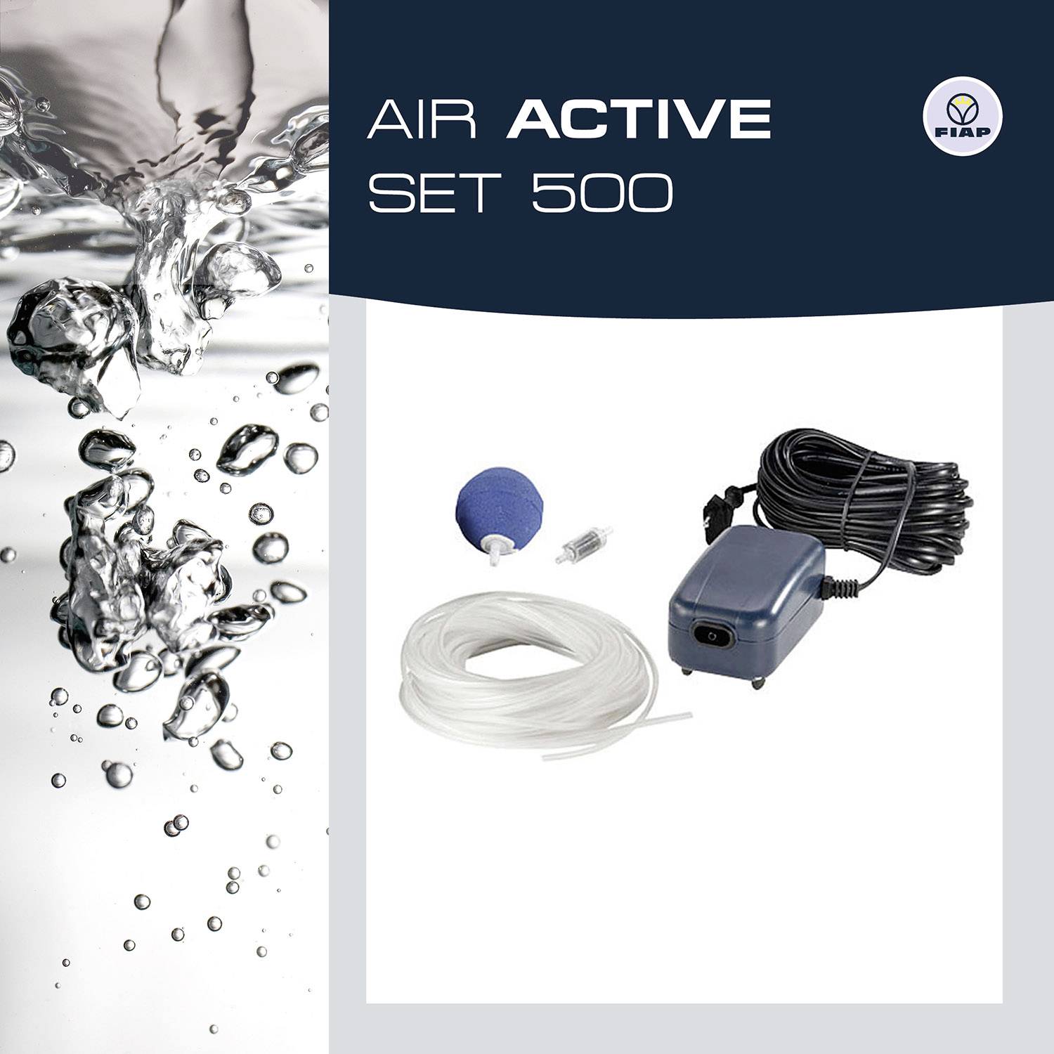 'Air Active Set 500' mit Wasserbläschen links und einem Belüftungsgerät, Schlauch und Zubehör rechts abgebildet.