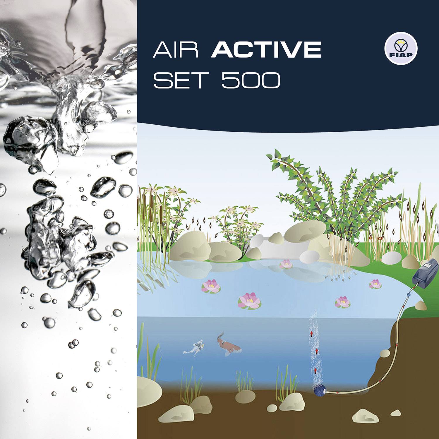 Die Grafik zeigt das 'AIR ACTIVE SET 500' zur Belüftung eines Teiches. Links sprudelt Luft im Wasser, rechts ist ein Teich mit Pflanzen.