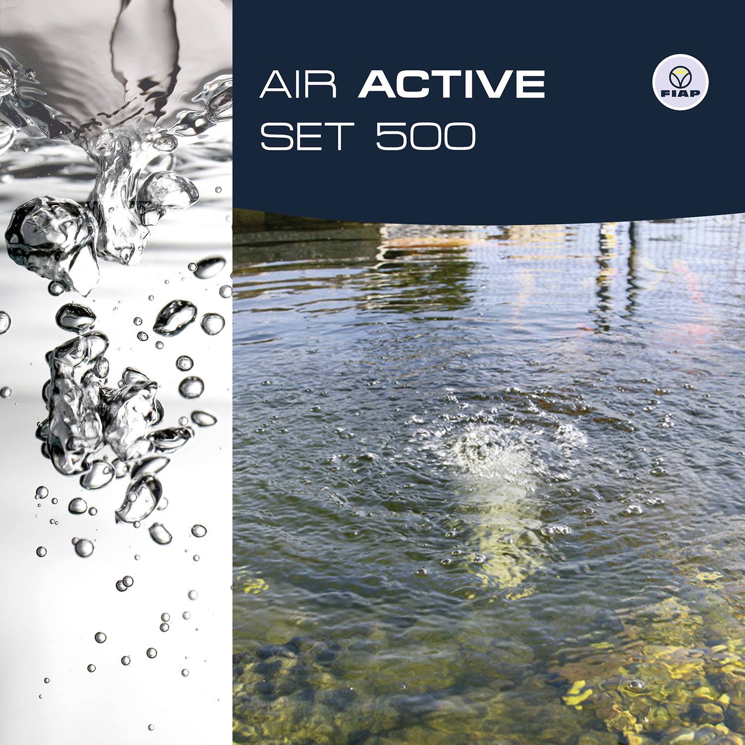 Ein Bild einer Wasseroberfläche mit Luftblasen, die aufsteigen. Schriftzug: 'Air Active Set 500'. Markenlogo oben rechts.
