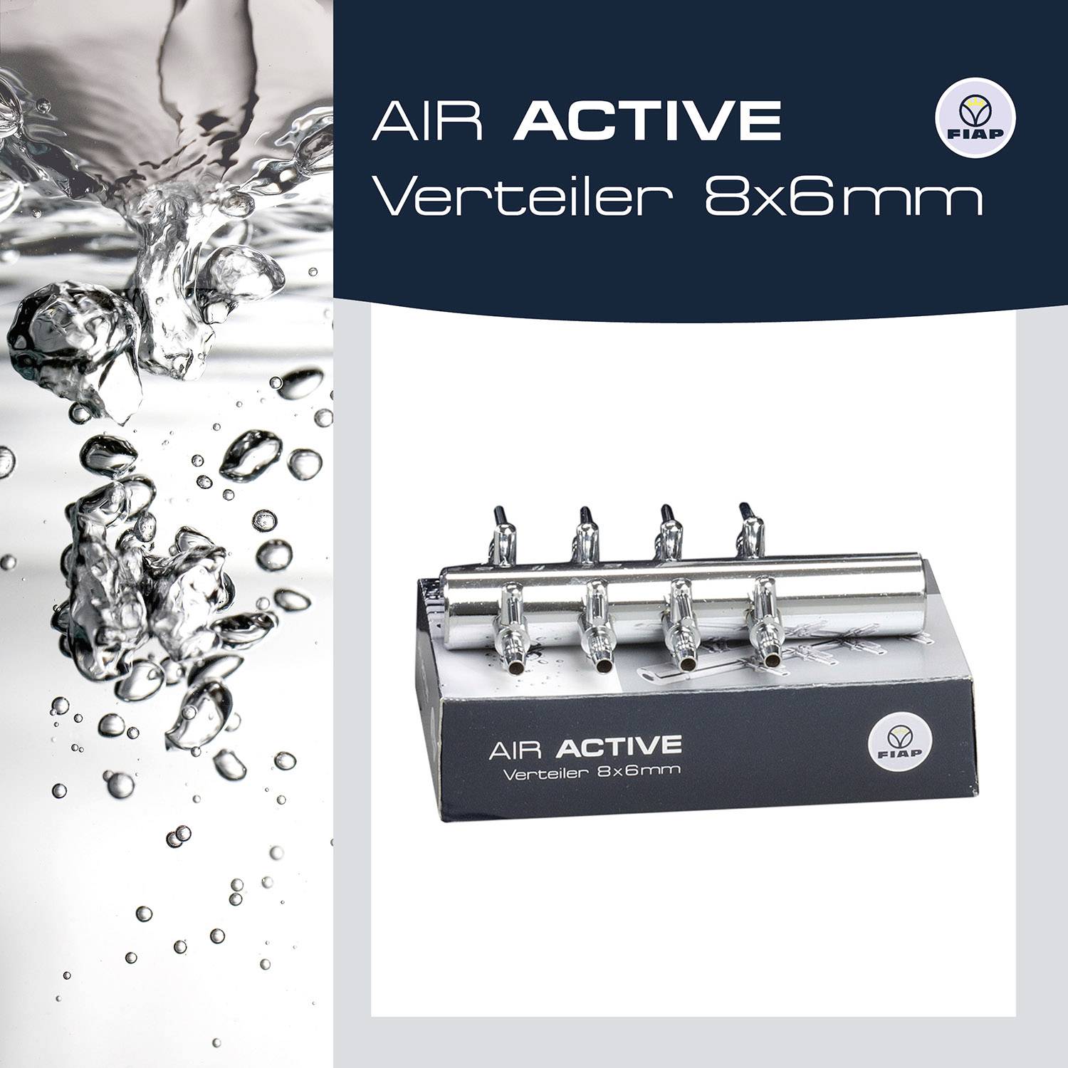 'Produktbild eines Air Active Verteilers, 8x6mm. In der Nähe sprudelt Wasser mit Luftblasen.'