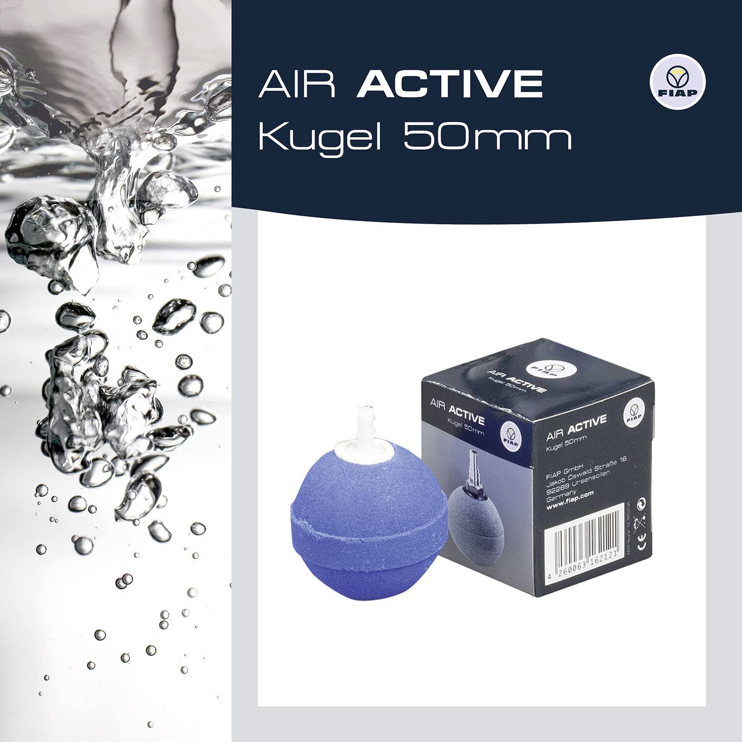 Links: Sprudelndes Wasser. Rechts: Blaue Kugel mit Verpackung, Text 'AIR ACTIVE Kugel 50mm'. FIAP-Logo oben rechts.