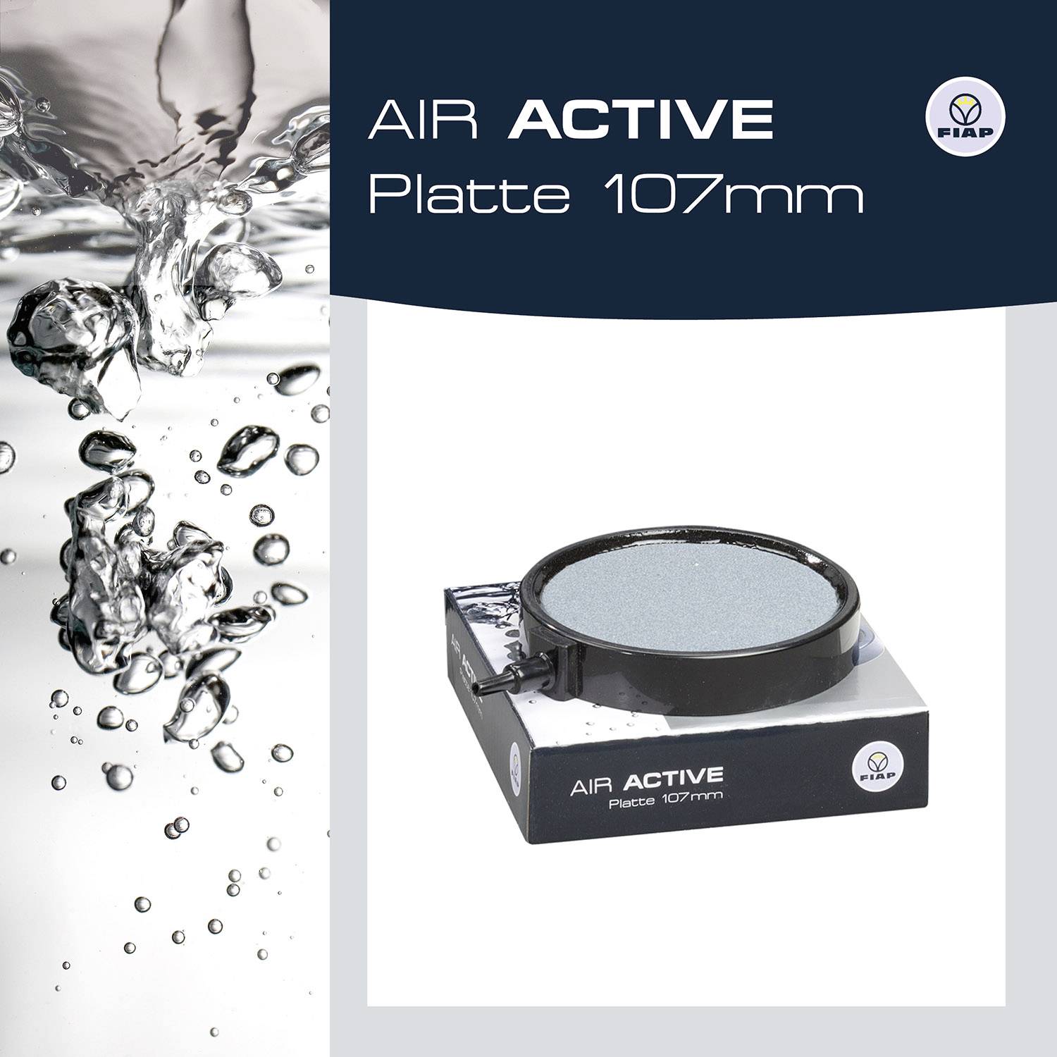 'Fiap AIR ACTIVE Platte 107 mm' zeigt eine runde Platte in ihrer Verpackung, beworben als Zubehör zur Wasserbelüftung.