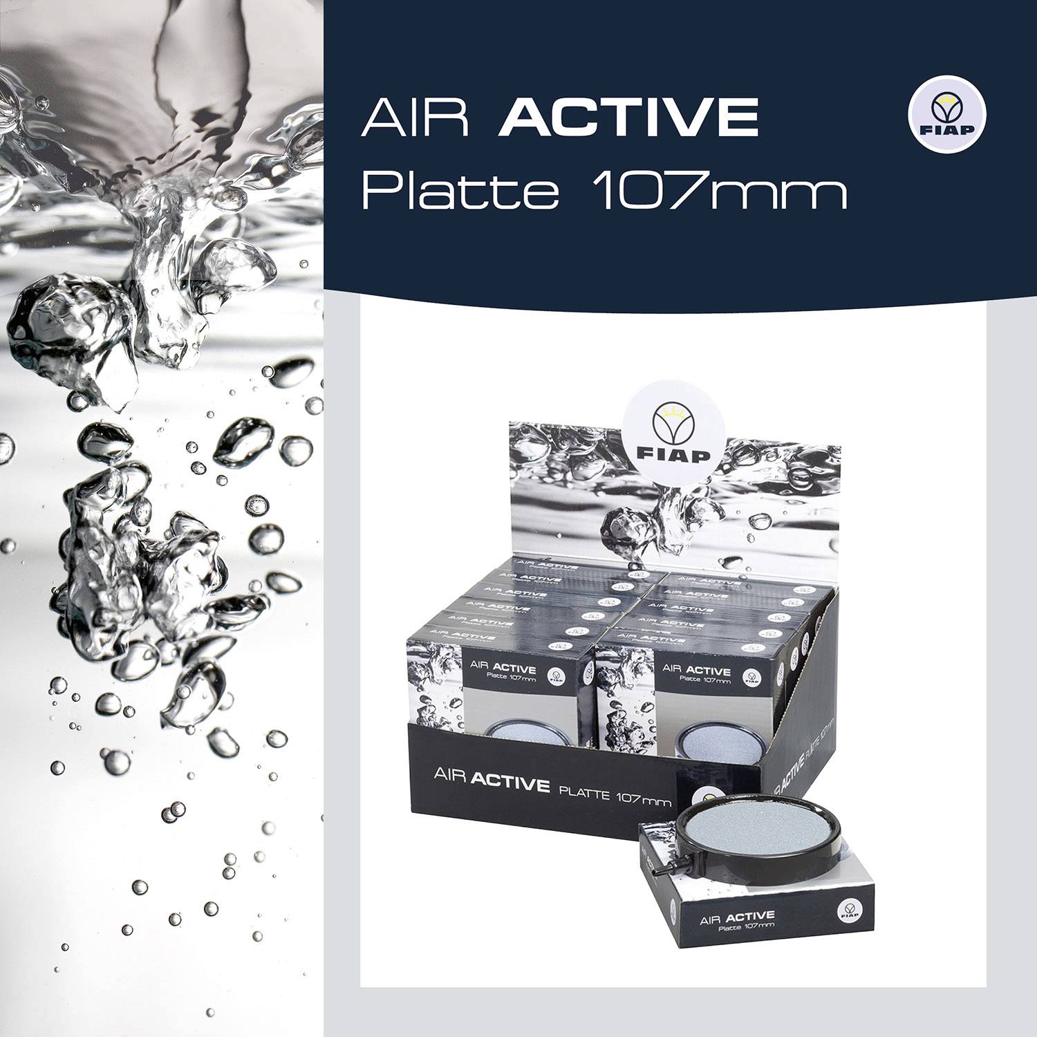'FIAP AIR ACTIVE Platte 107mm' Abbildung: Produktverpackung und Sprudelwasser zeigen den Einsatzbereich einer Filterplatte.