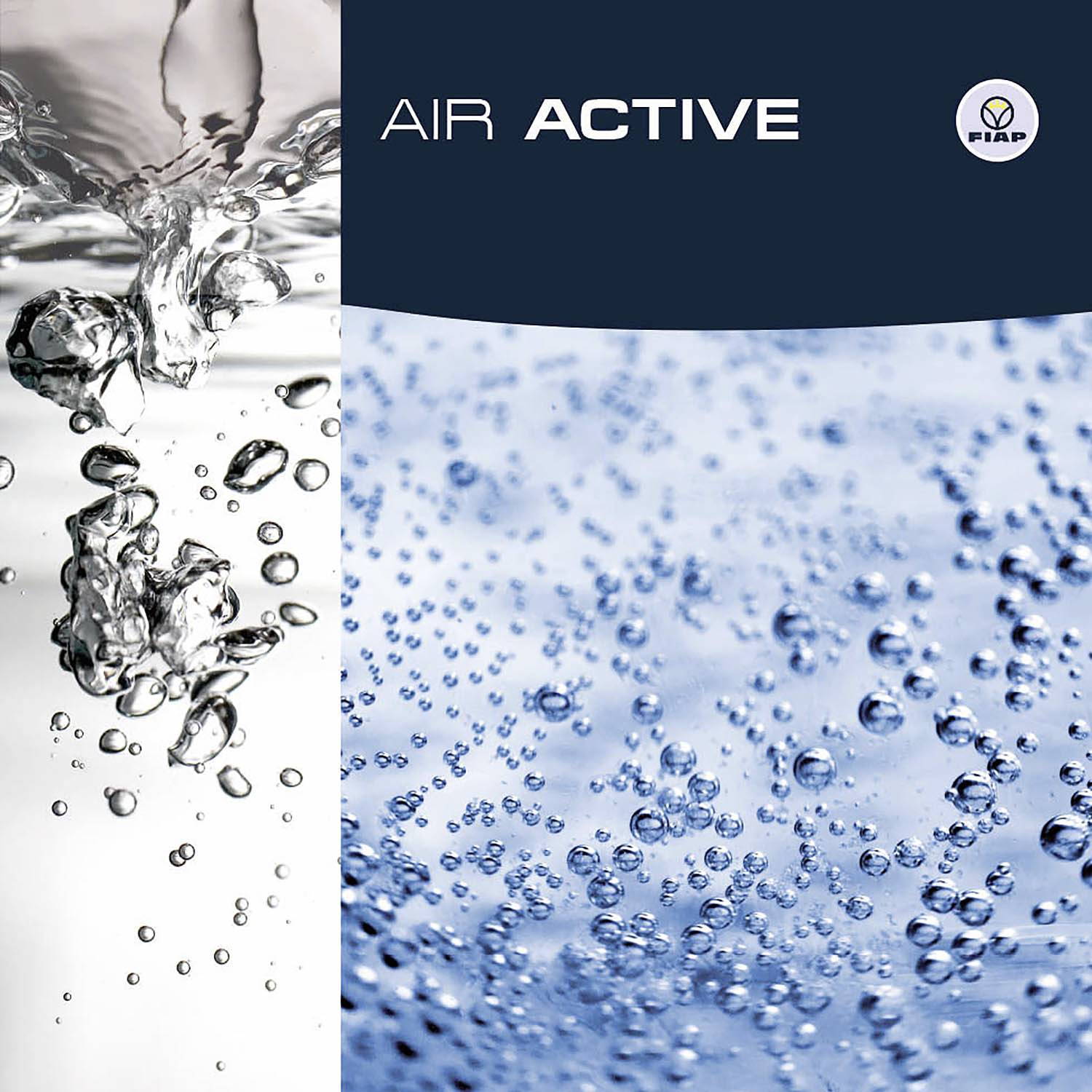 Eine Nahaufnahme von aufsteigenden Luftblasen im Wasser, mit dem Text 'Air Active' und einem Logo in der oberen rechten Ecke.