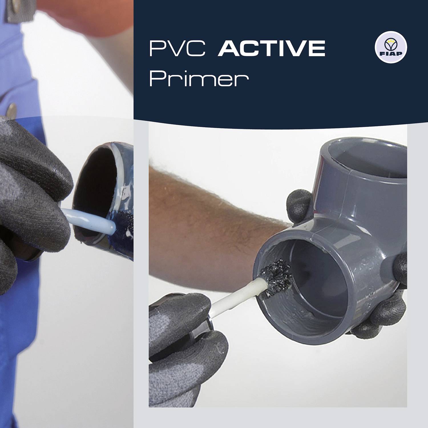 Eine Person trägt PVC-Primer mit einem Pinsel auf ein Rohr auf. Text: 'PVC ACTIVE Primer'.