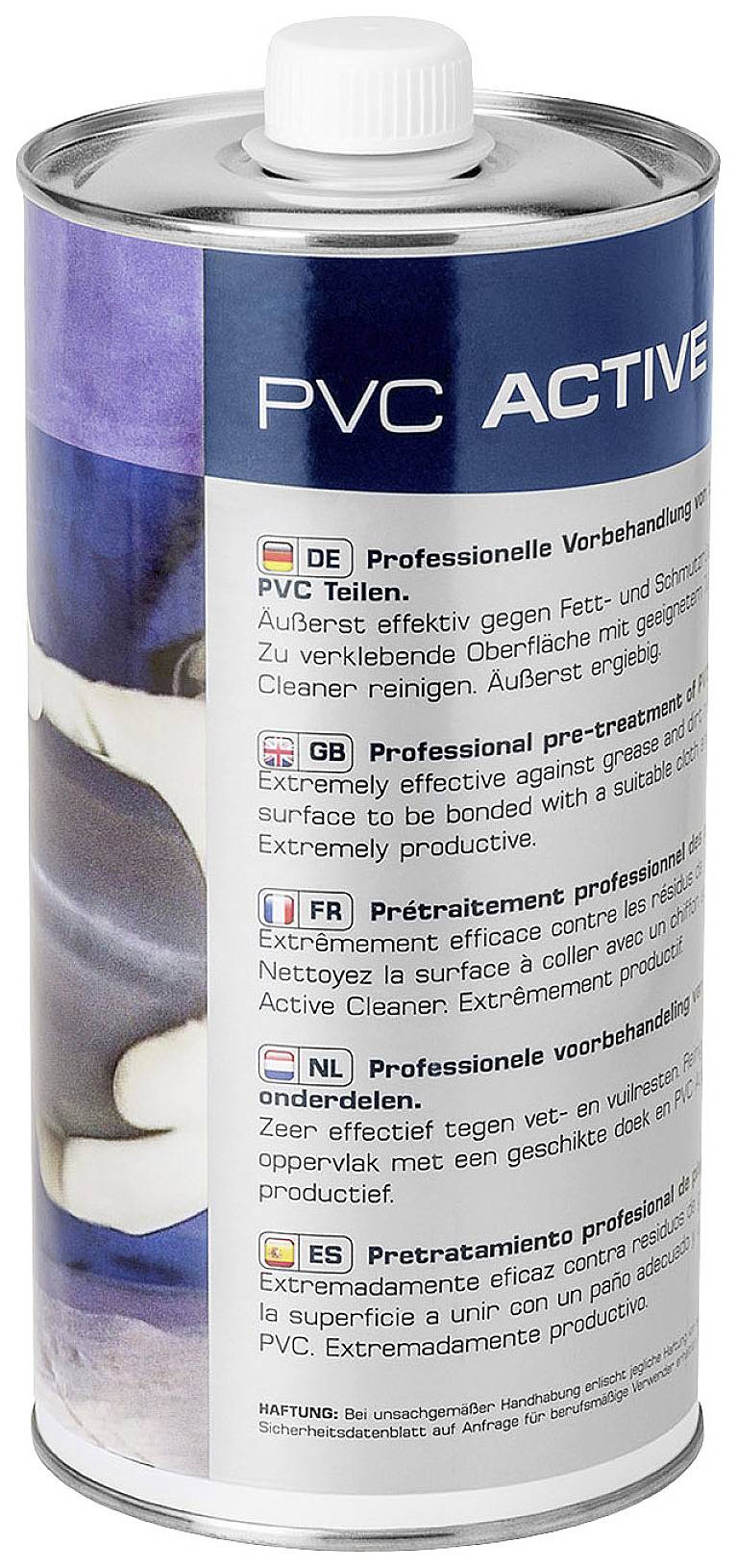 'Dose mit Aufschrift: PVC ACTIVE. Enthält Anweisungen zur professionellen Vorbehandlung von PVC-Teilen in mehreren Sprachen.'