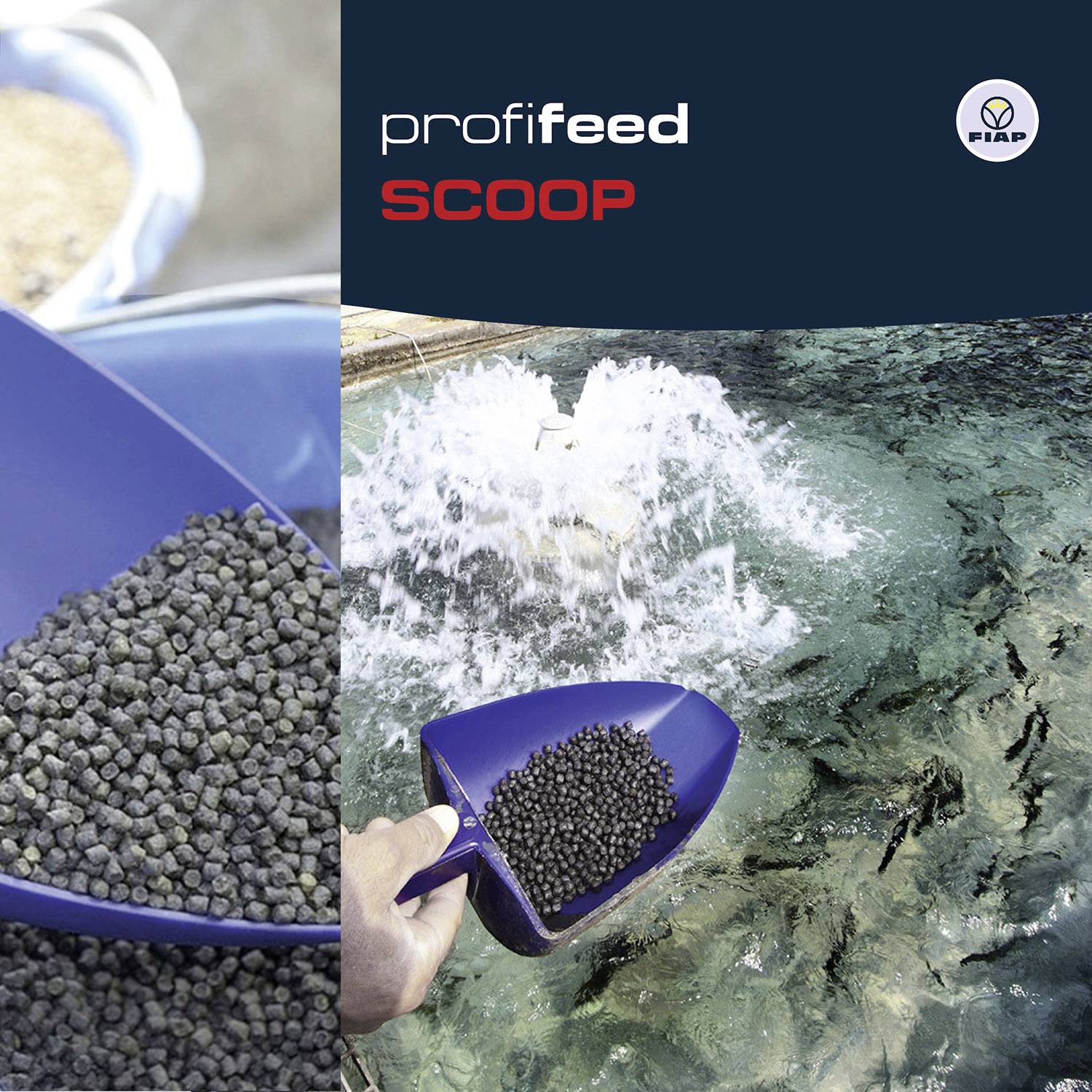 'Profifeed Scoop' Schaufel voller Fischfutterpellets neben Fischteich mit sprudelndem Wasser. Pflege und Ernährung von Fischen.