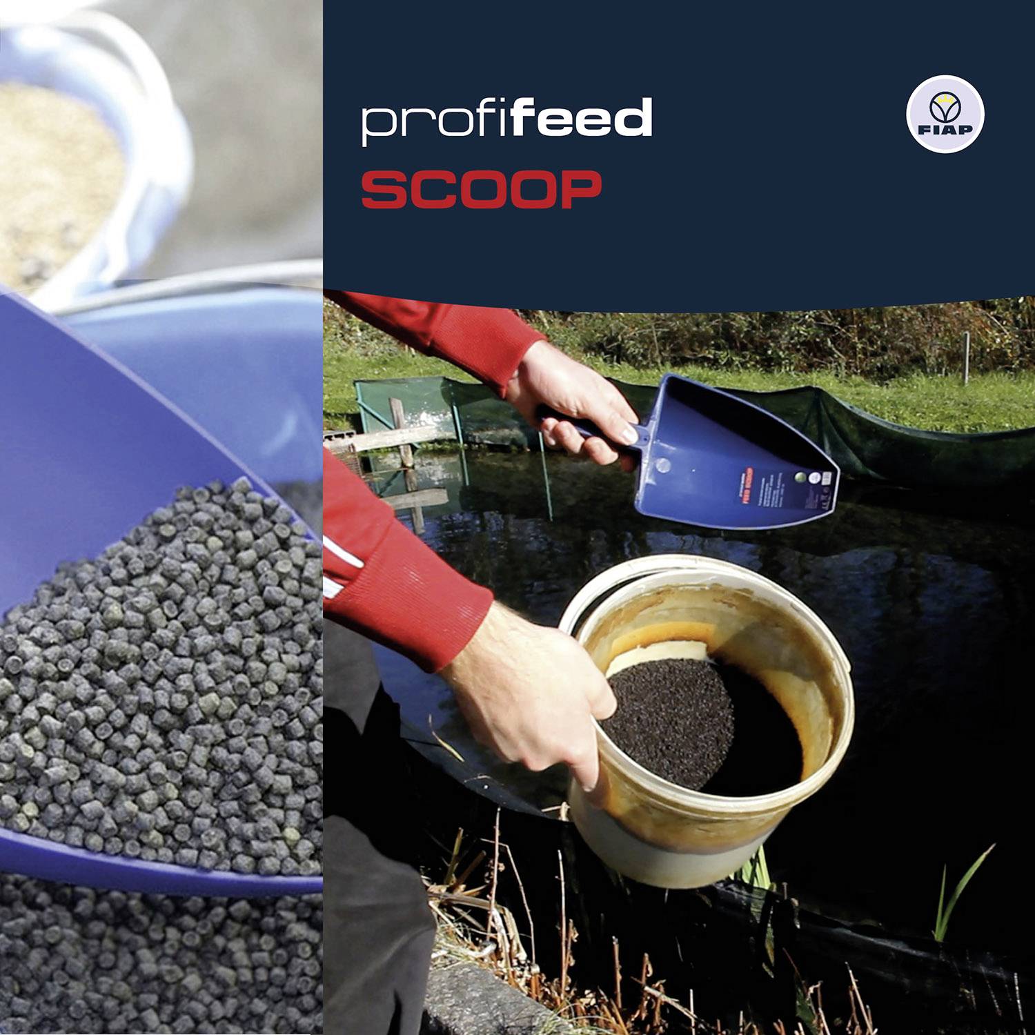 'Zwei Bilder: Links eine blaue Schaufel mit Pellets. Rechts ein Mensch füllt Pellets in einen Teich, Text: "profifeed SCOOP".'