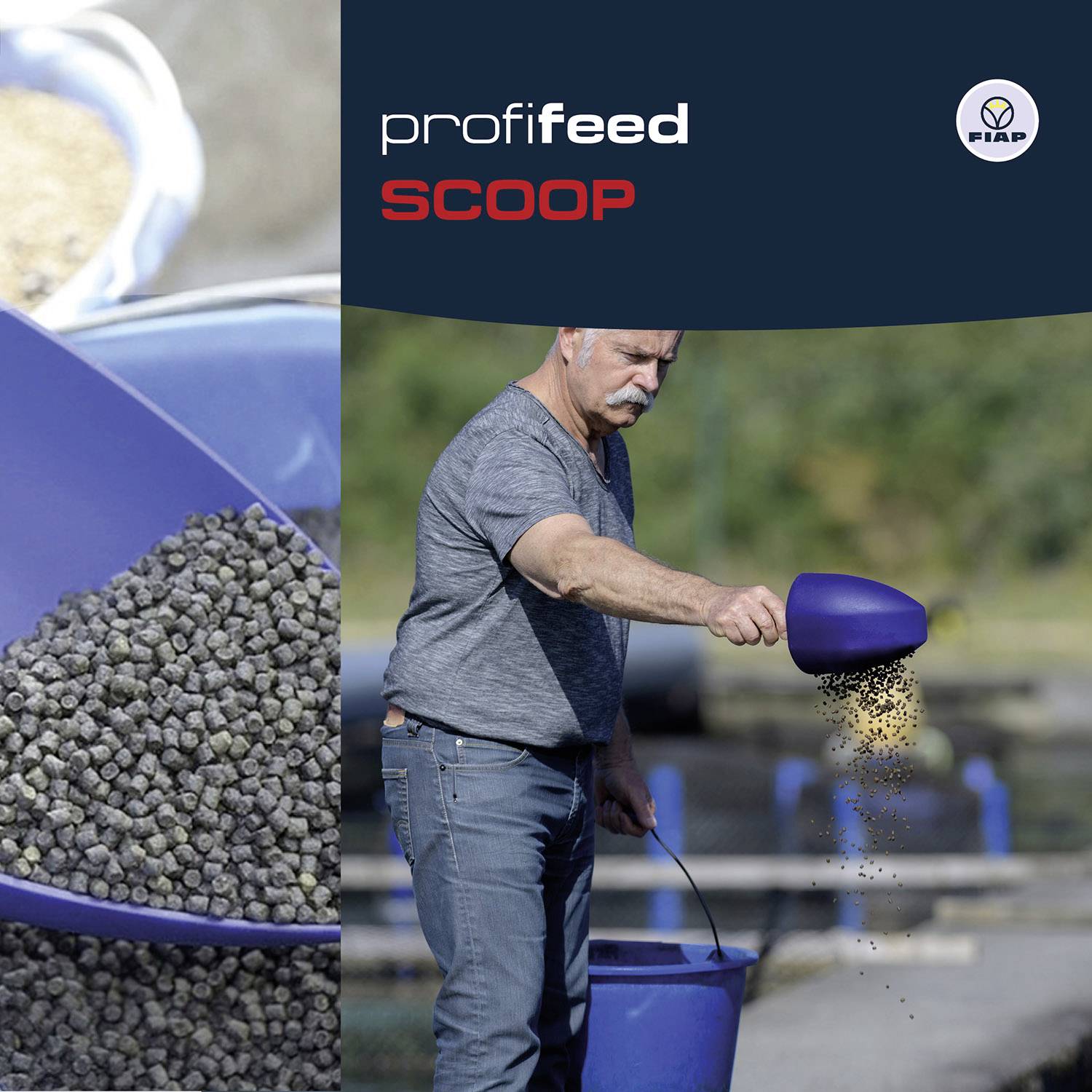 Mann streut Futterpellets mit einer Schaufel über Teich. Links Nahaufnahme von Pellets in blauer Schaufel. Text: 'profifeed SCOOP'.