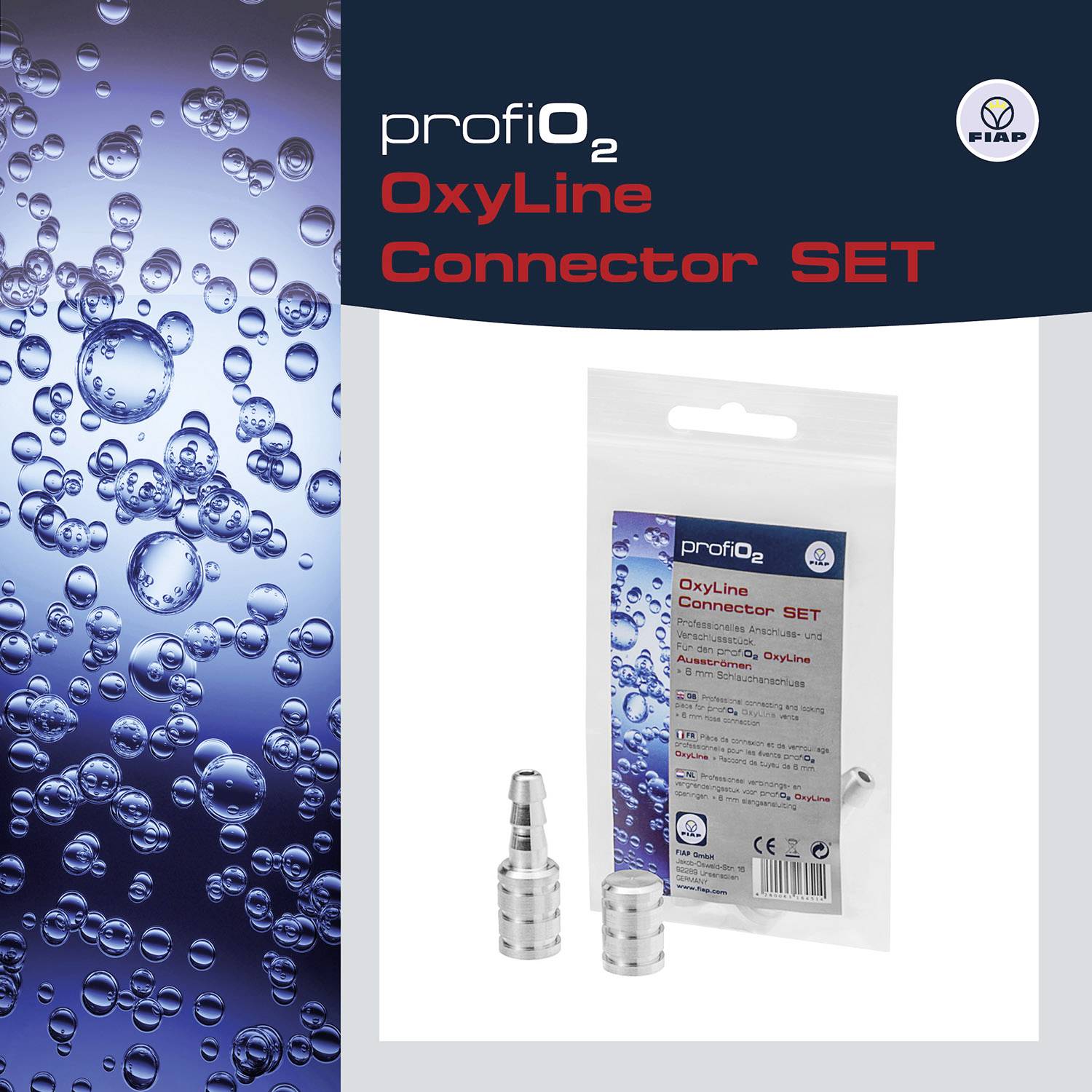 'ProfiO₂ OxyLine Connector SET' Verpackung mit Steckverbindern vor blauem Hintergrund mit Luftblasen, erhältlich bei FIAP.