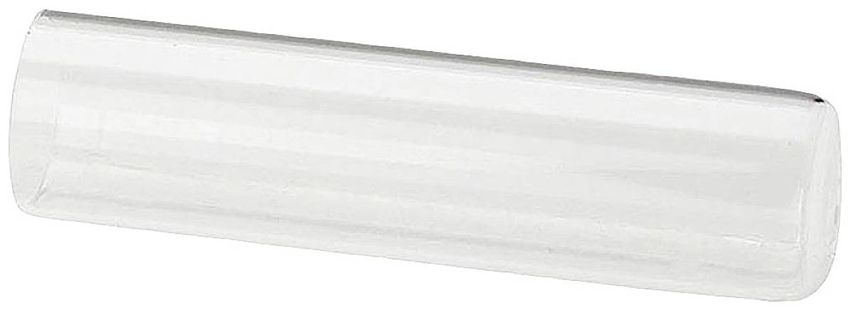 Transparenter Glasstab in Zylinderform, liegend; keine weiteren Objekte oder Hintergründe sichtbar.