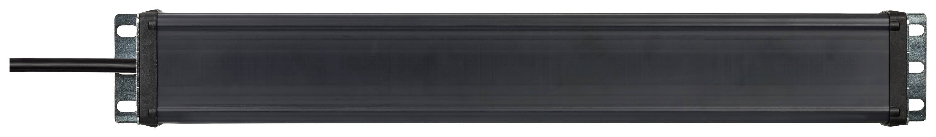 Rechteckiges schwarzes elektronisches Gerät mit Kabel links.