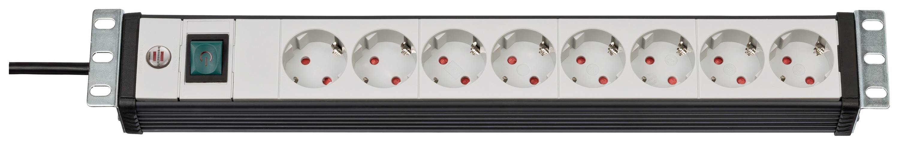 Achtfach-Steckdosenleiste mit Schalter, schwarzem Kabel und Wandmontagemöglichkeit. Ideal für mehrere elektrische Geräte.