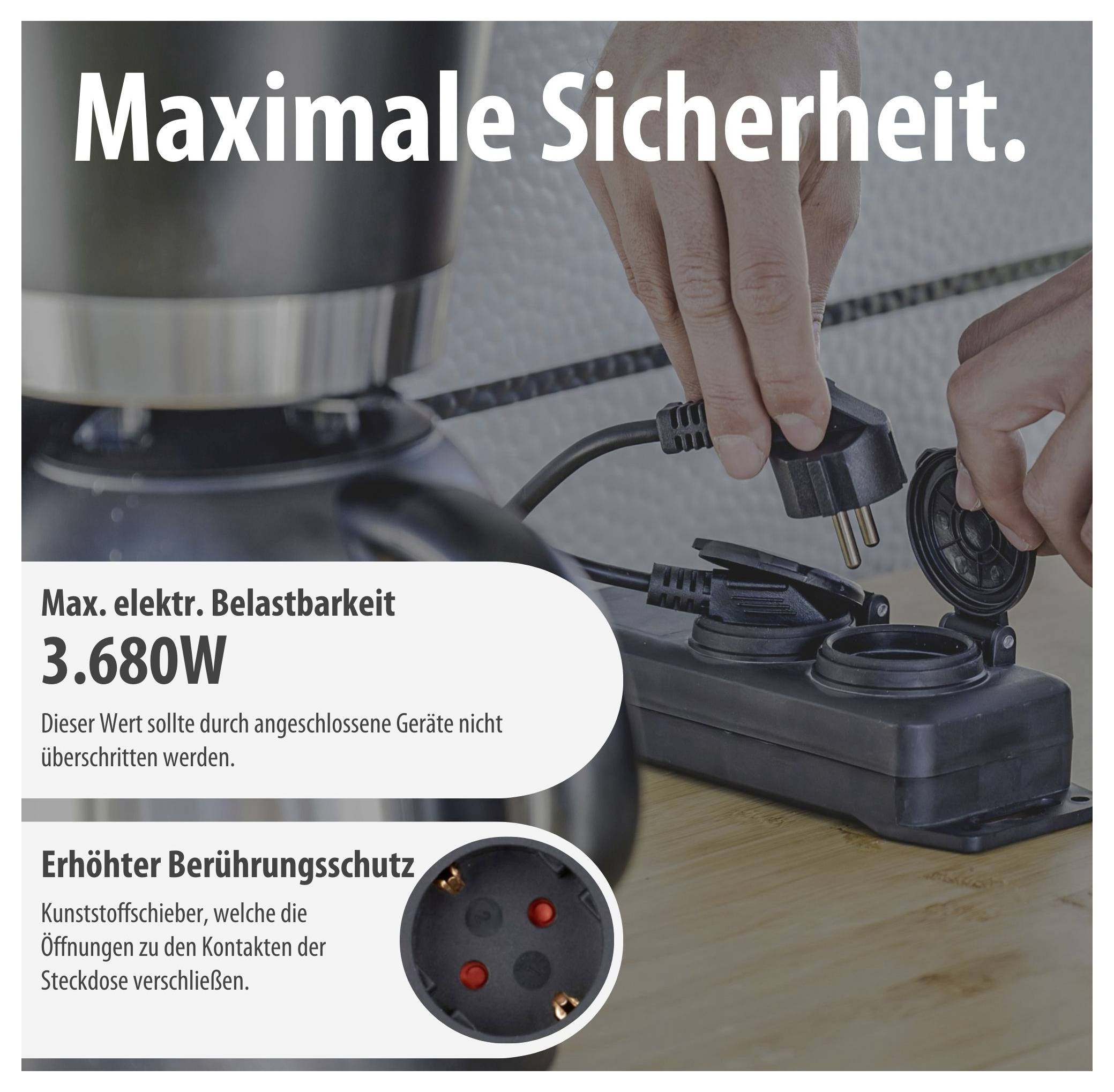Werbung für eine Steckdosenleiste mit 'Maximale Sicherheit' und Hinweis auf '3.680W' sowie erhöhten Berührungsschutz.