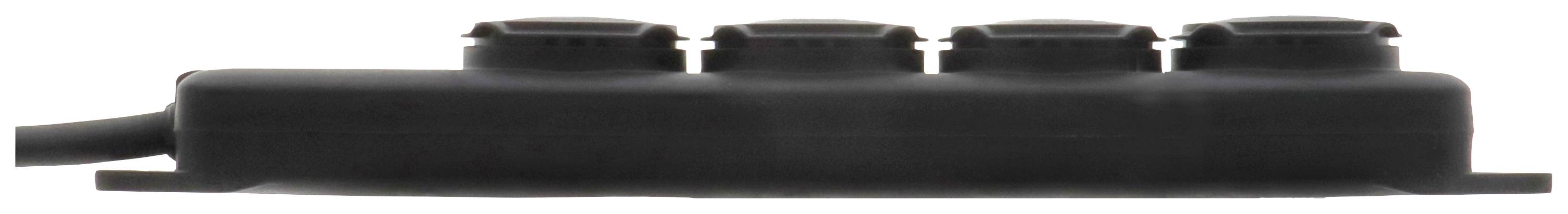 Eine schwarze Steckdosenleiste mit vier Steckplätzen, seitliche Ansicht, ohne erkennbare Details oder Markenkennzeichen.