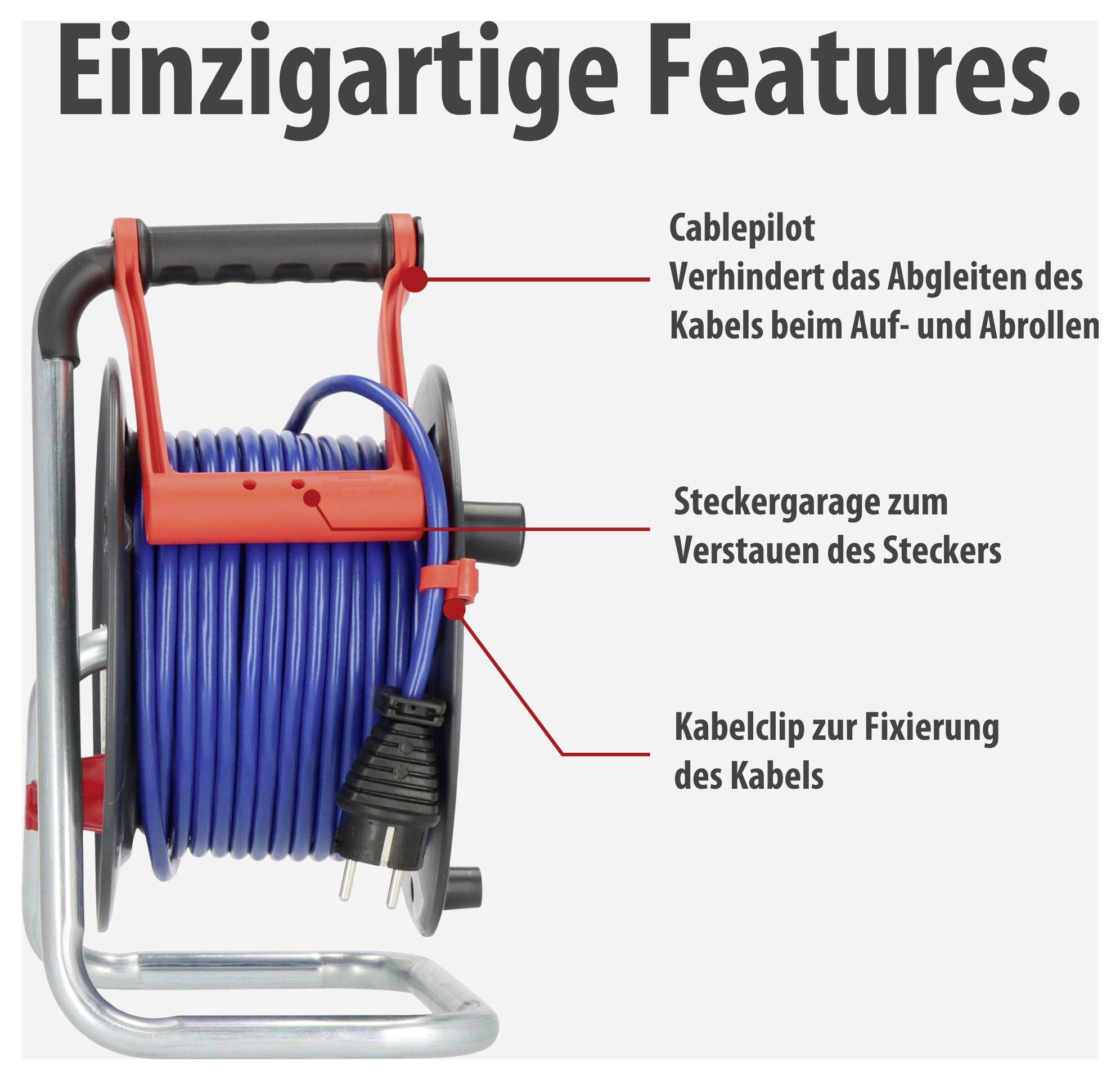 Kabeltrommel mit 'Einzigartige Features': Cablepilot gegen Abgleiten, Steckergarage und Kabelclip zur Fixierung des Kabels.