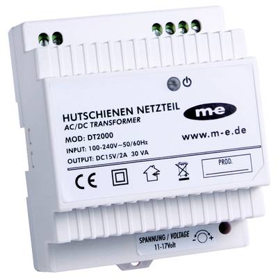 Netzteil für Hutschienenmontage, Modell DT2000, Eingang 100-240V, Ausgang 15V/2A. Herstellerlogo und URLs auf dem Etikett.