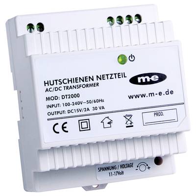 Hutschienen-Netzteil 'DT2000' von m-e. Eingang: 100-240V~50/60Hz, Ausgang: DC15V/2A, 30 VA. Weiße Kunststoffverkleidung mit CE-Zeichen.