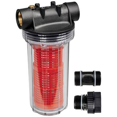 Wasserfiltergehäuse mit transparentem Zylinder und rotem Innenfilter, inklusive zwei schwarzen Adapterstücken zur Installation.