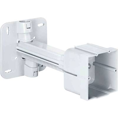 Ein weißer Wandhalter für elektronische Geräte, mit verstellbarem Arm und Befestigungslöchern, geeignet für die Wandmontage.