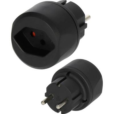 Schwarzer universeller Reisestecker-Adapter mit austauschbaren Stromstiften, dargestellt in zwei Schrägansichten auf weißem Hintergrund.