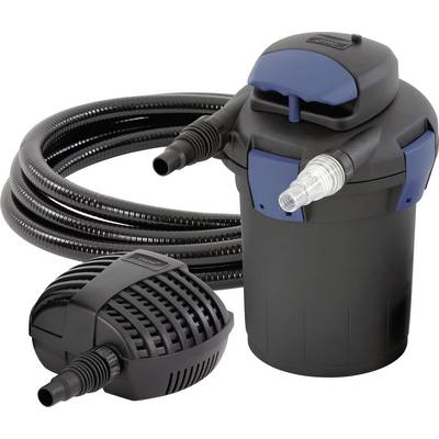 Teichfiltrationssystem mit Pumpe, Schläuchen und Filtereinheit, konzipiert für aquatische Umgebungen, in schwarzen und blauen Farben dargestellt.