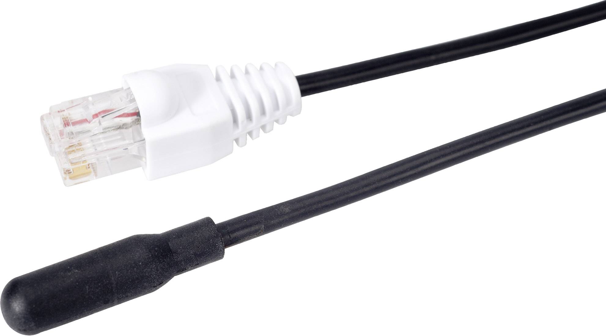 Ein Ethernet-Kabel mit einem RJ45-Stecker und einem Sensorsensor am anderen Ende, vermutlich zur Temperaturüberwachung.