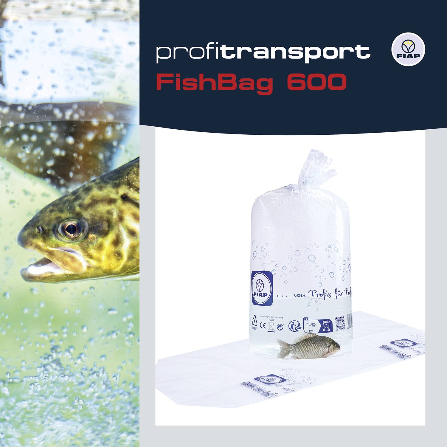'Profitransport FIAP FishBag 600' zeigt ein Fischtransportbeutel, ideal für den sicheren Transport von Fischen. Links ein schwimmender Fisch.