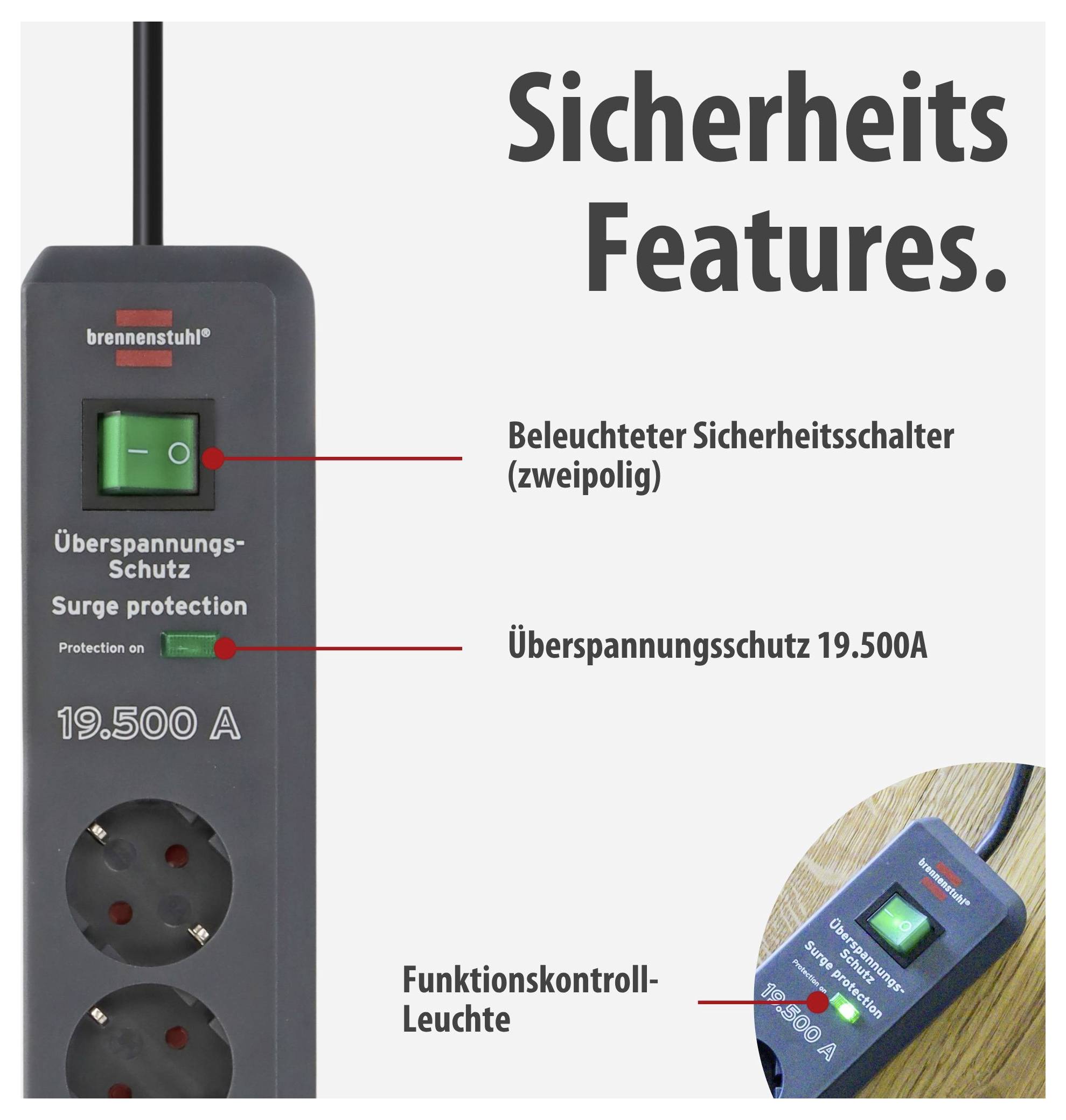 Steckdosenleiste mit Überspannungsschutz und beleuchtetem Sicherheitsschalter; hervorgehobene Sicherheits-Features und Funktionskontrollleuchte.