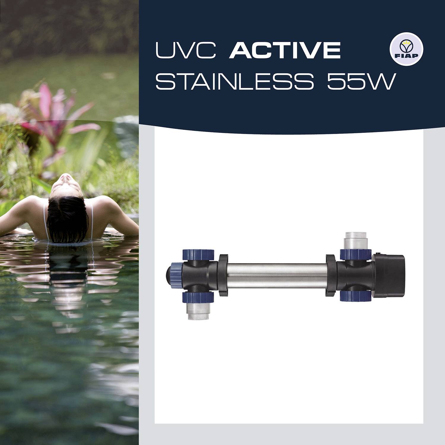 Links ein entspannter Mensch im Wasser, rechts ein UVC Active Stainless 55W Gerät abgebildet.