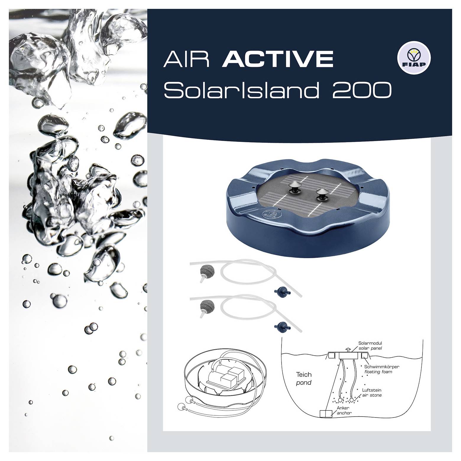 Produktbroschüre für „AIR ACTIVE SolarIsland 200" mit einer schwimmenden Solarinsel-Einheit mit Kabeln und einem Querschnittsdiagramm ihrer Teichinstallation.