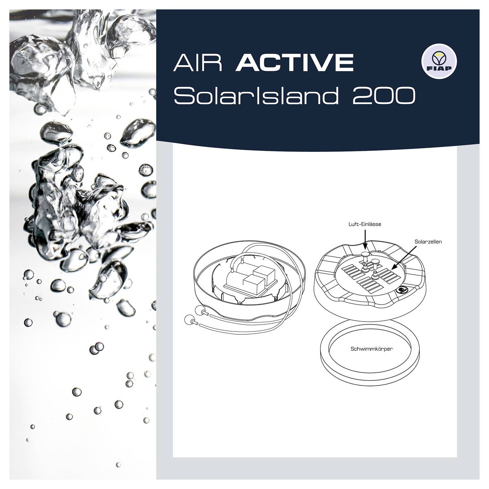 Produktverpackung für „AIR ACTIVE Solarisland 200" mit einem Pool-Solarfloat-System mit internen Komponenten und Explosionszeichnung.