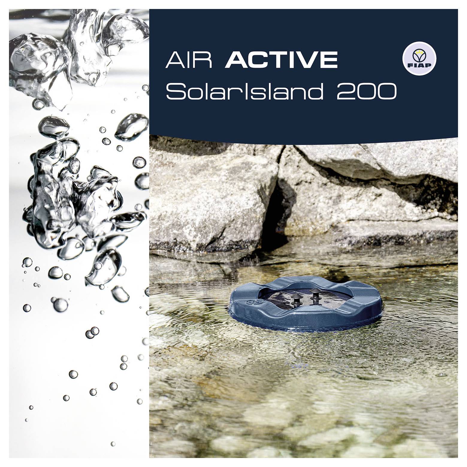 Produktanzeige für „AIR ACTIVE SolarIsland 200" – Schwimmendes Wassergerät in einem felsigen Bachlauf mit Wasserspritzerbildern und PIAP-Logo.