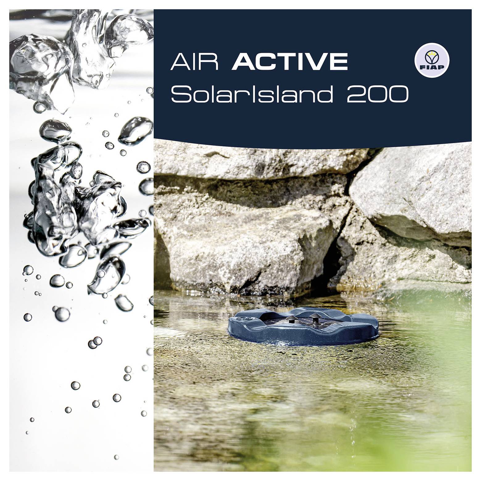 Produktbild für „AIR ACTIVE SolarIsland 200" von FIAP, das eine schwimmende runde Vorrichtung in flachem Wasser neben Steinen und einer Wasserspritze-Grafik zeigt.