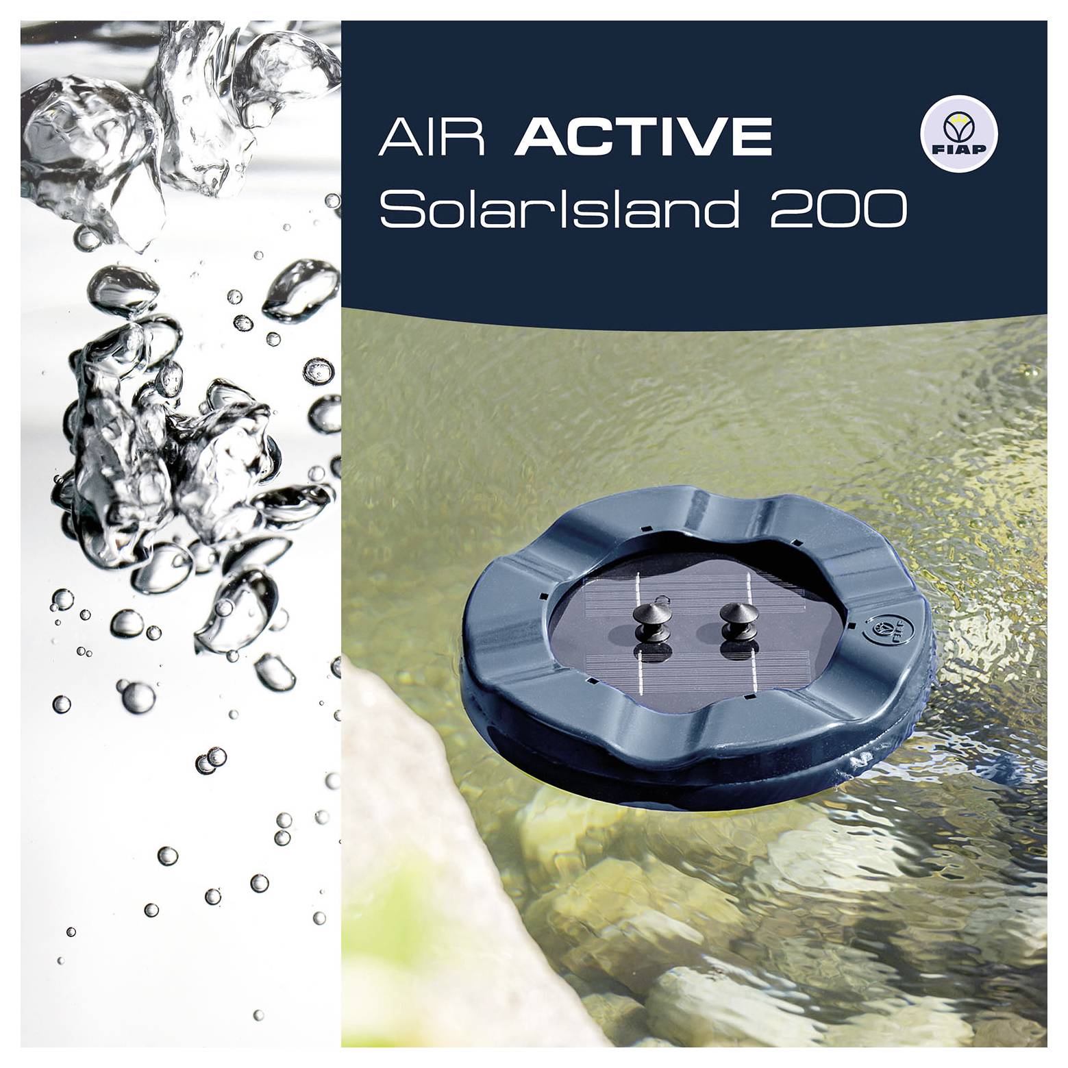 Produkt-Anzeige für 'AIR ACTIVE Solarisland 200' mit einem schwimmenden, solarbetriebenen Wasserlüfter/Reiniger auf einem Teich, mit Wasserspritzerbildern und FIAP-Logo.